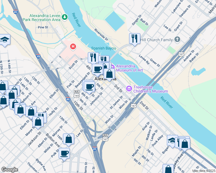 map of restaurants, bars, coffee shops, grocery stores, and more near Johnston Street in Alexandria