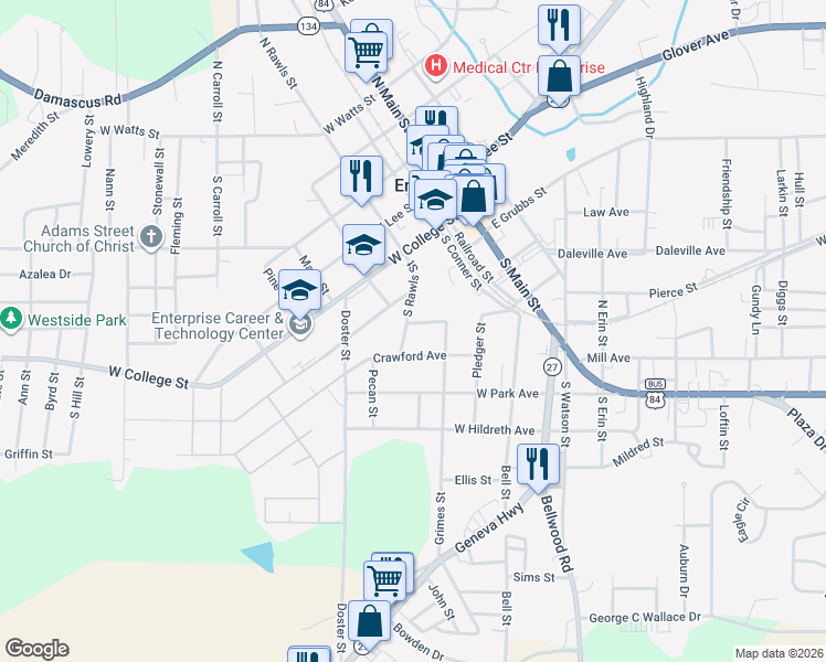 map of restaurants, bars, coffee shops, grocery stores, and more near 101-111 W Harrison St in Enterprise