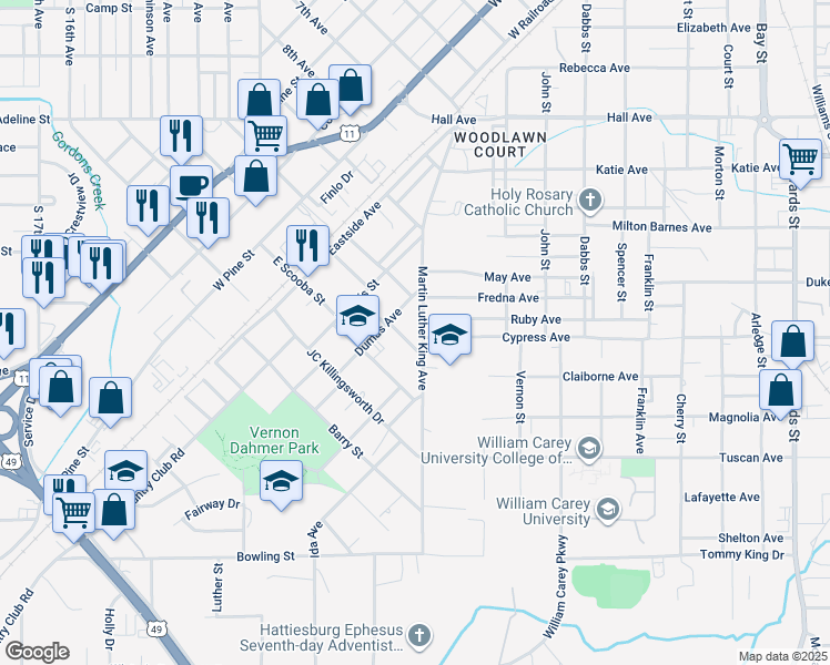 map of restaurants, bars, coffee shops, grocery stores, and more near 425 Martin Luther King Avenue in Hattiesburg