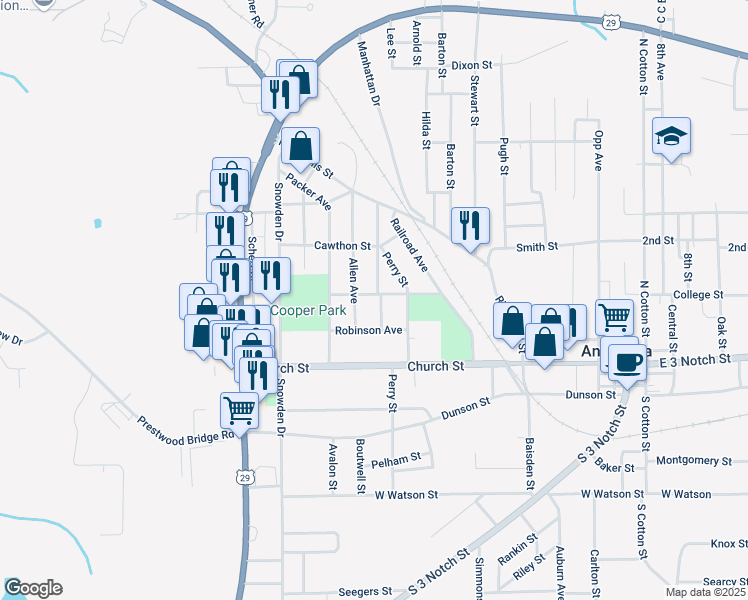 map of restaurants, bars, coffee shops, grocery stores, and more near 400 Madison Avenue in Andalusia