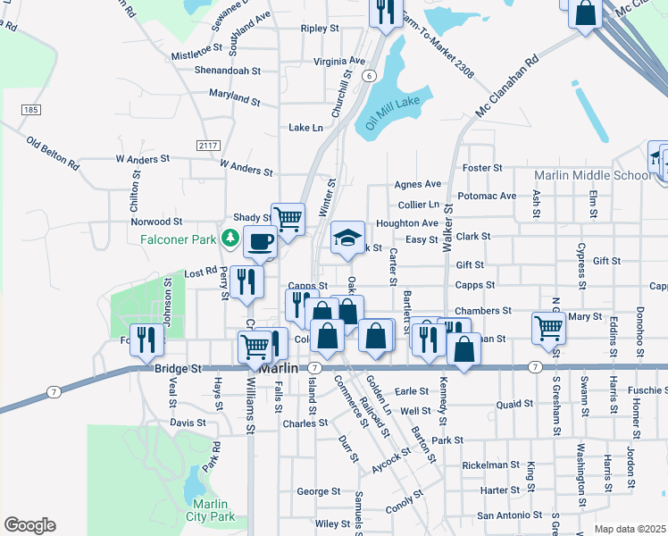 map of restaurants, bars, coffee shops, grocery stores, and more near 101-199 Kendrick Street in Marlin