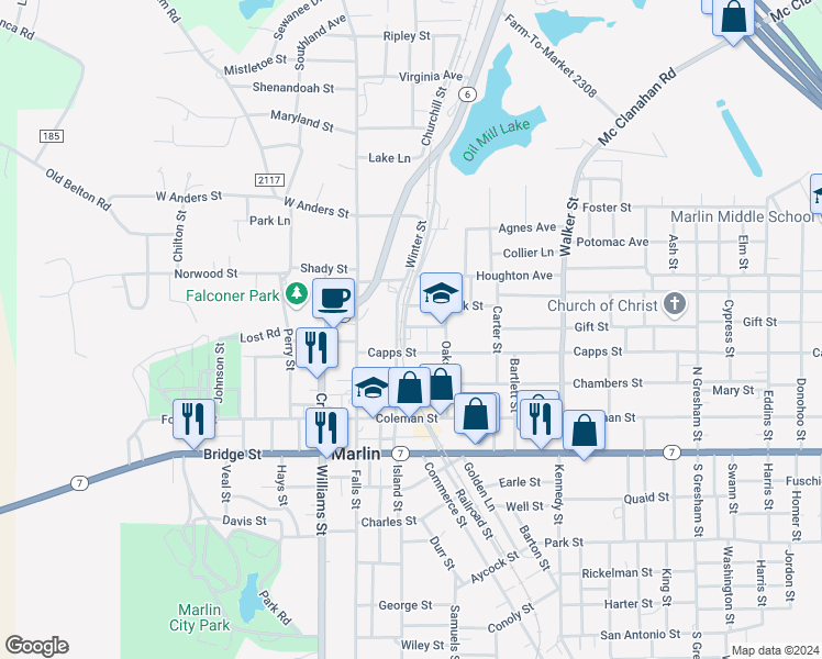 map of restaurants, bars, coffee shops, grocery stores, and more near 199 Kendrick Street in Marlin