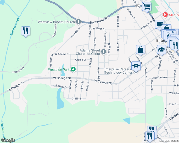 map of restaurants, bars, coffee shops, grocery stores, and more near 199 South Hill Street in Enterprise