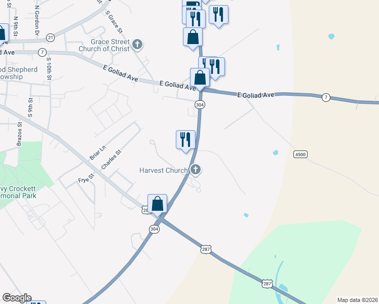 map of restaurants, bars, coffee shops, grocery stores, and more near 1398 Texas 304 Loop in Crockett