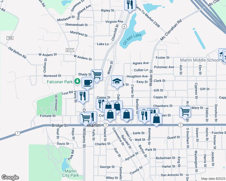 map of restaurants, bars, coffee shops, grocery stores, and more near 101-199 Kendrick Street in Marlin