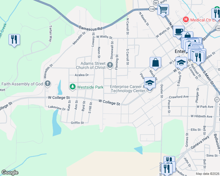 map of restaurants, bars, coffee shops, grocery stores, and more near 305 Sunset Drive in Enterprise
