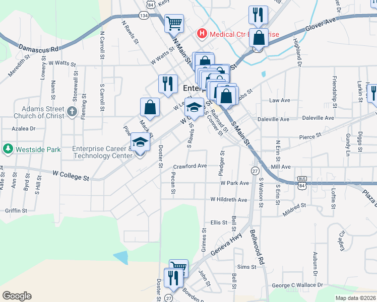 map of restaurants, bars, coffee shops, grocery stores, and more near 101 West Harrison Street in Enterprise