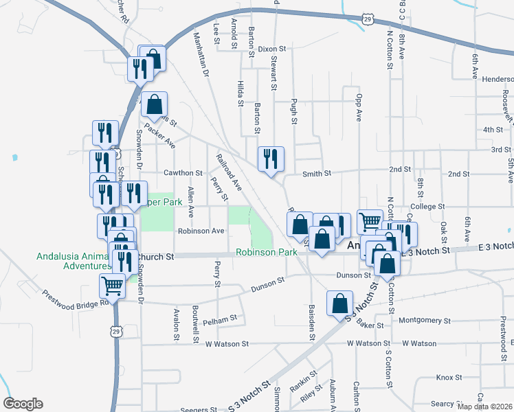 map of restaurants, bars, coffee shops, grocery stores, and more near 189 Railroad Avenue in Andalusia