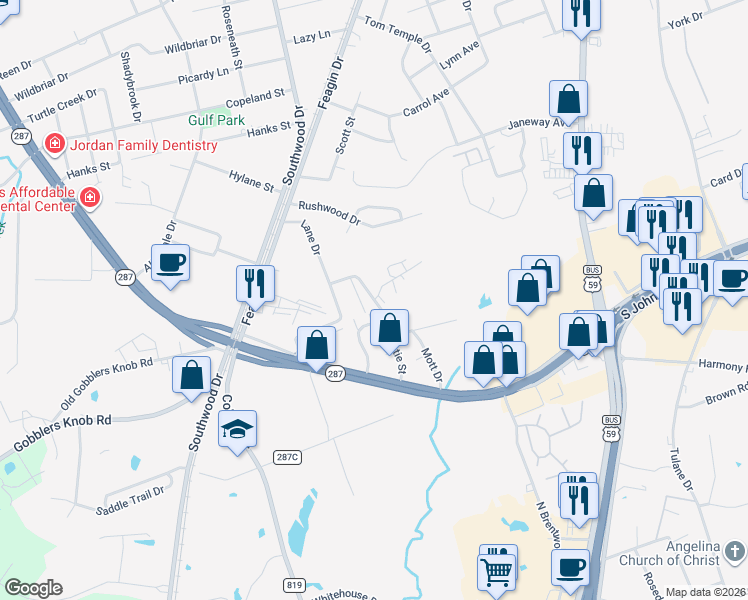 map of restaurants, bars, coffee shops, grocery stores, and more near 302 Mott Drive in Lufkin