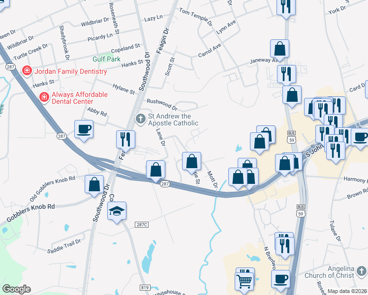 map of restaurants, bars, coffee shops, grocery stores, and more near 302 Mott Drive in Lufkin