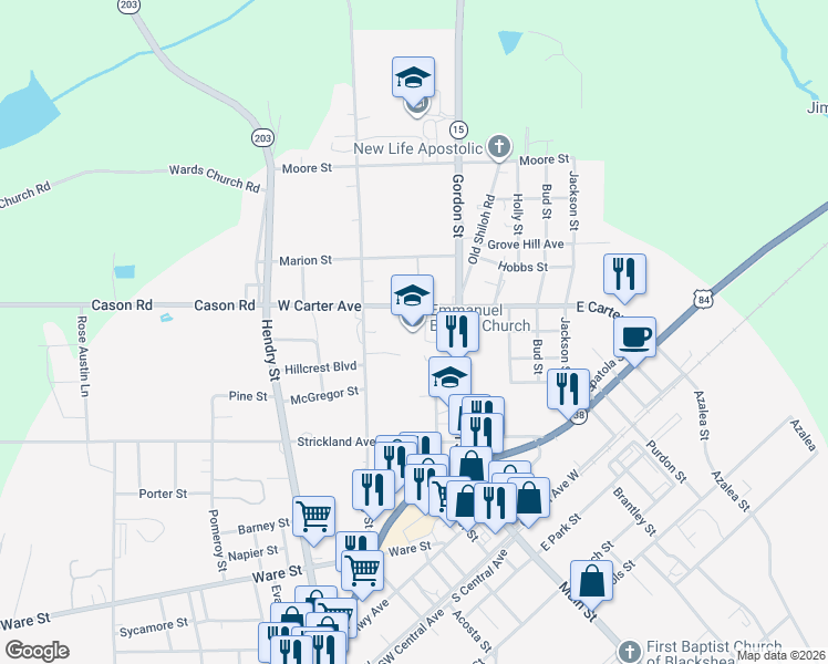 map of restaurants, bars, coffee shops, grocery stores, and more near 217 W Carter Ave in Blackshear