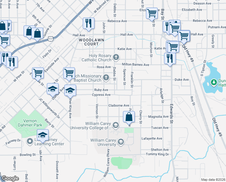map of restaurants, bars, coffee shops, grocery stores, and more near 310 Ruby Ave in Hattiesburg
