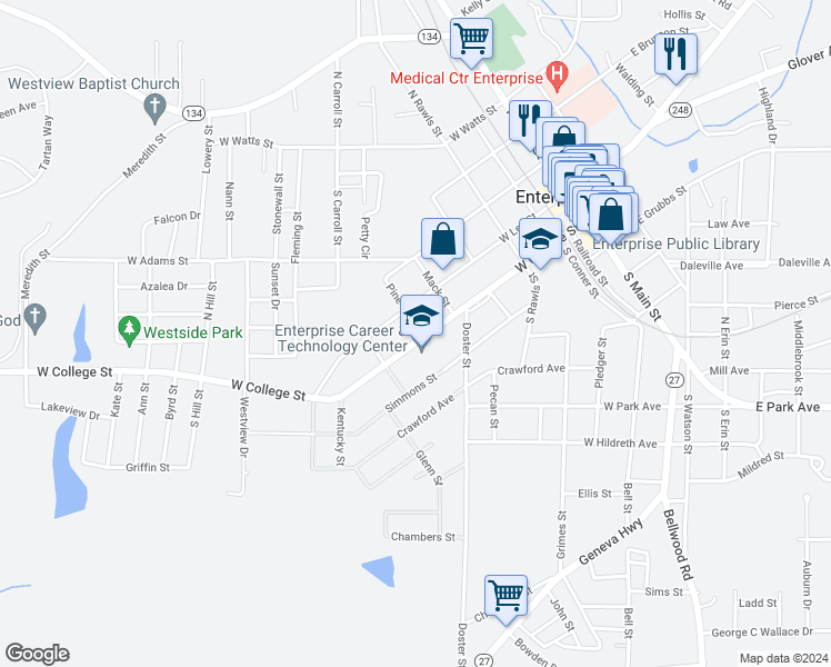 map of restaurants, bars, coffee shops, grocery stores, and more near 600 West College Street in Enterprise