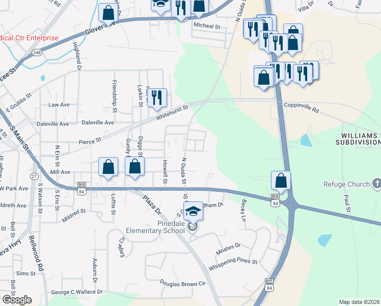 map of restaurants, bars, coffee shops, grocery stores, and more near 101-103 McCormick Street in Enterprise