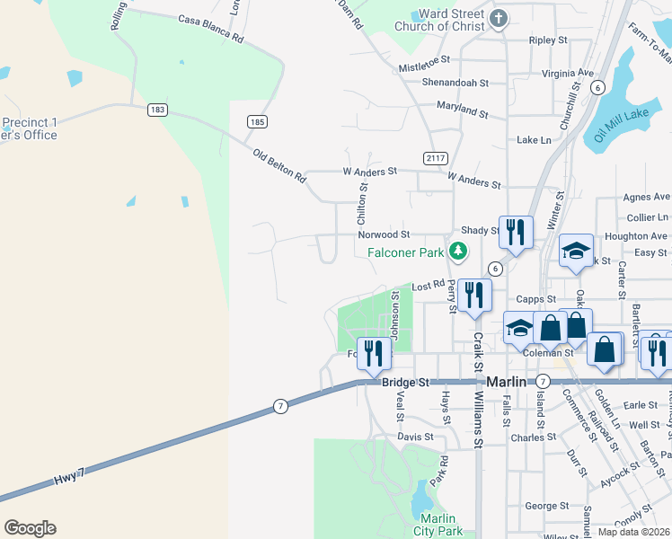 map of restaurants, bars, coffee shops, grocery stores, and more near 610 Royal Oaks Drive East in Marlin