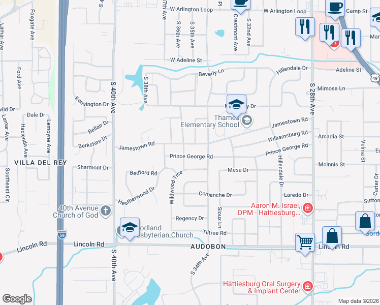 map of restaurants, bars, coffee shops, grocery stores, and more near 3109 Prince George Road in Hattiesburg