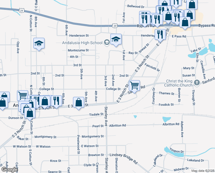 map of restaurants, bars, coffee shops, grocery stores, and more near 202 3rd Avenue in Andalusia