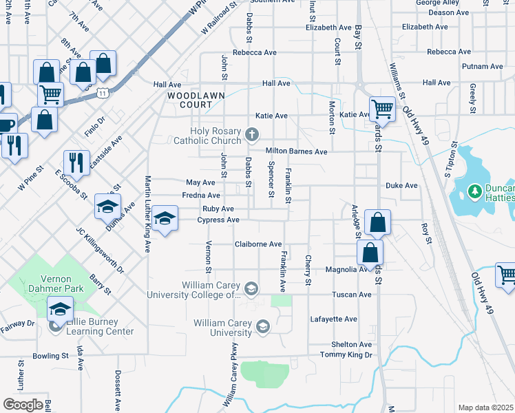 map of restaurants, bars, coffee shops, grocery stores, and more near 1021 Spencer Street in Hattiesburg