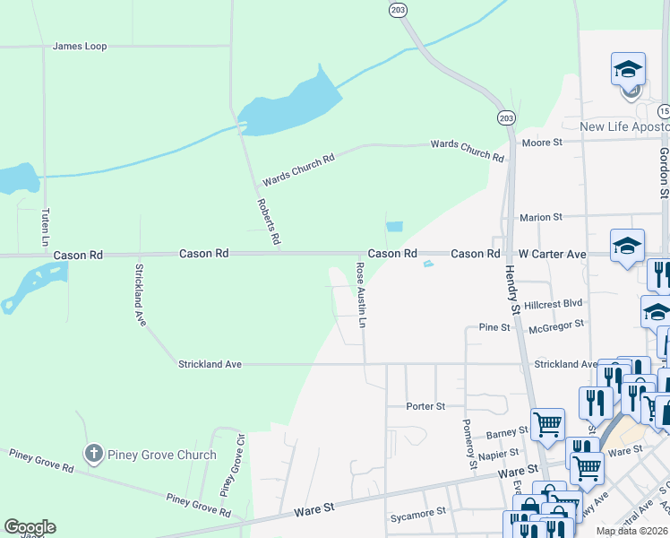 map of restaurants, bars, coffee shops, grocery stores, and more near 3551 Cason Road in Blackshear