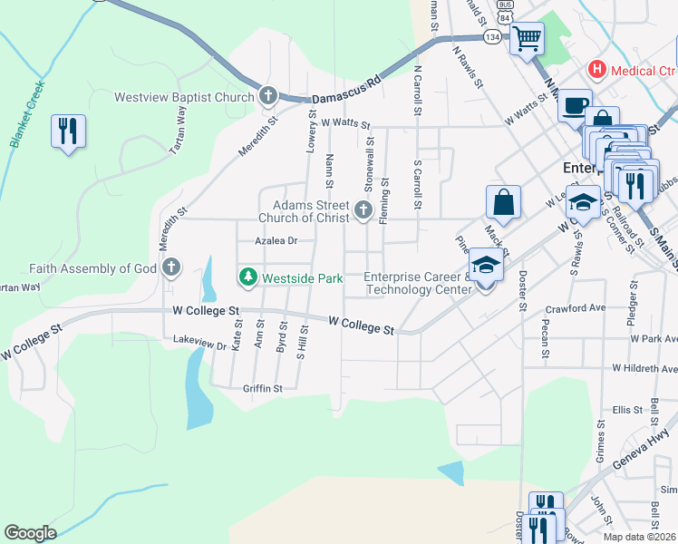 map of restaurants, bars, coffee shops, grocery stores, and more near 301 Warren Road in Enterprise