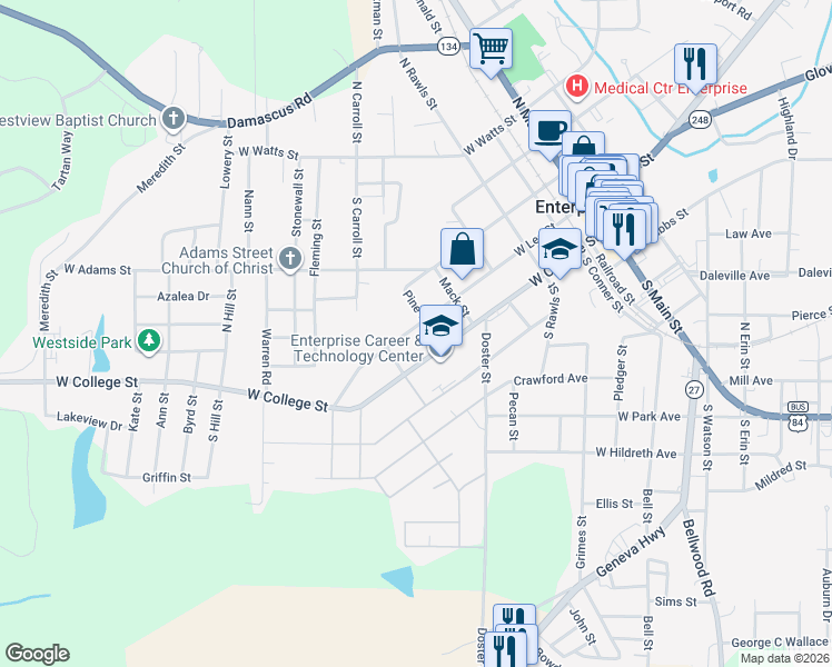 map of restaurants, bars, coffee shops, grocery stores, and more near 601 W Lee St in Enterprise