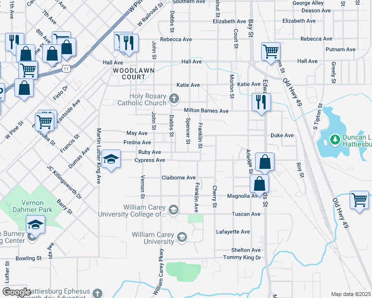 map of restaurants, bars, coffee shops, grocery stores, and more near 1021 Spencer Street in Hattiesburg