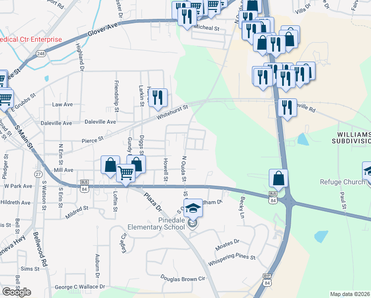 map of restaurants, bars, coffee shops, grocery stores, and more near 101 McCormick Street in Enterprise