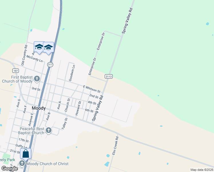 map of restaurants, bars, coffee shops, grocery stores, and more near 14554 Spring Valley Road in Moody