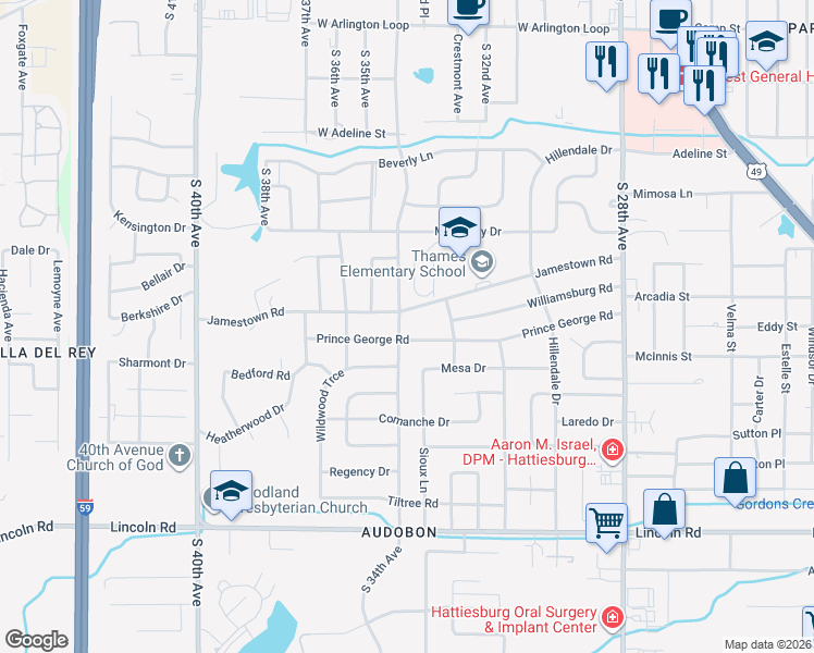 map of restaurants, bars, coffee shops, grocery stores, and more near 802 South 34th Avenue in Hattiesburg