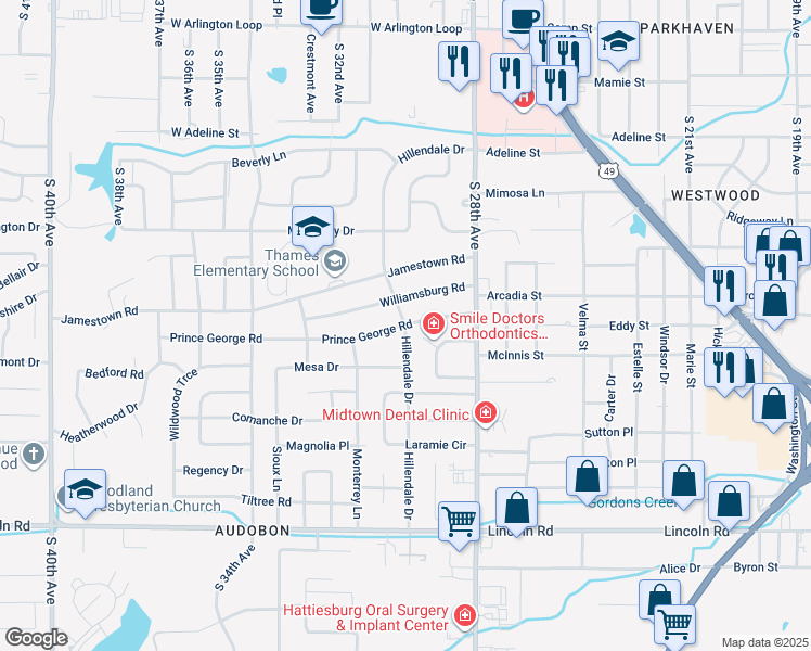 map of restaurants, bars, coffee shops, grocery stores, and more near 600 Hillendale Drive in Hattiesburg