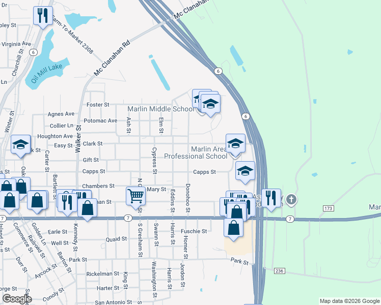 map of restaurants, bars, coffee shops, grocery stores, and more near 508 Donohoo Street in Marlin