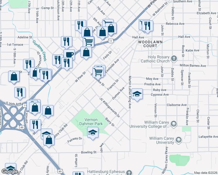 map of restaurants, bars, coffee shops, grocery stores, and more near 515 Francis Street in Hattiesburg