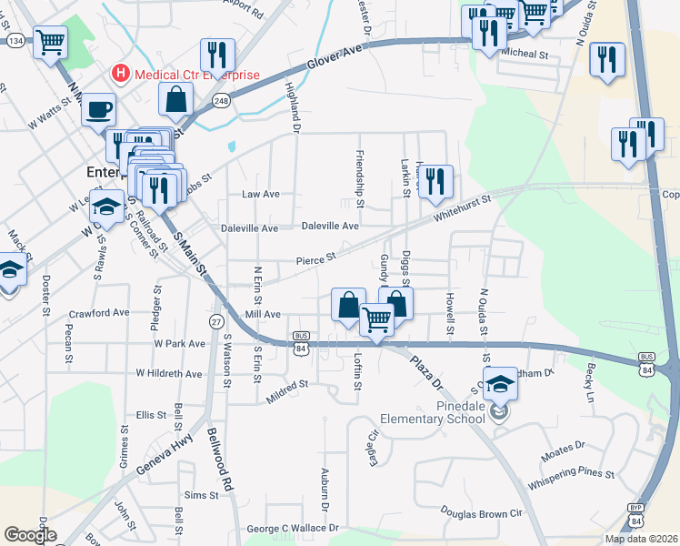 map of restaurants, bars, coffee shops, grocery stores, and more near 206 Middlebrook Street in Enterprise
