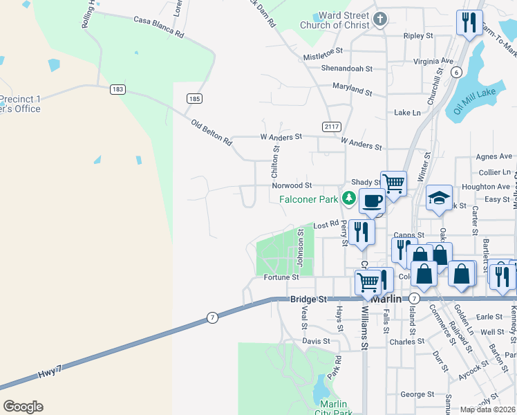 map of restaurants, bars, coffee shops, grocery stores, and more near 610 Royal Oaks Drive East in Marlin