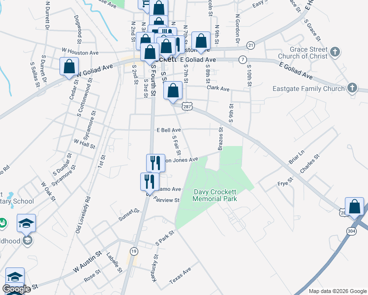 map of restaurants, bars, coffee shops, grocery stores, and more near 611 South 5th Street in Crockett
