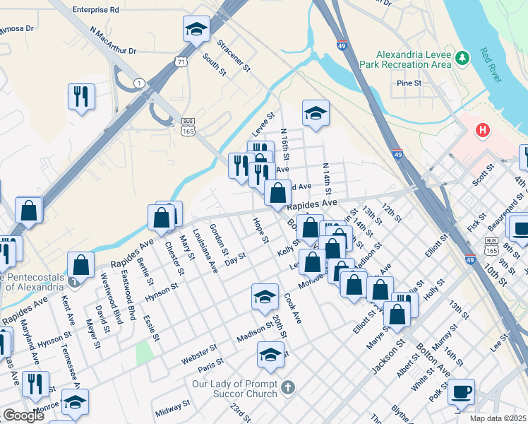 map of restaurants, bars, coffee shops, grocery stores, and more near 1803 Rapides Avenue in Alexandria