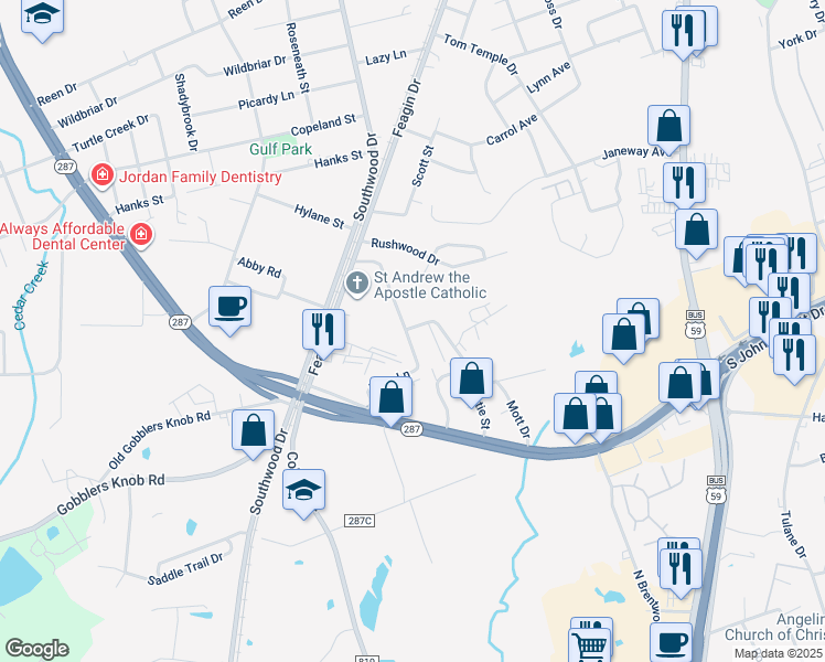 map of restaurants, bars, coffee shops, grocery stores, and more near 310 Mott Road in Lufkin