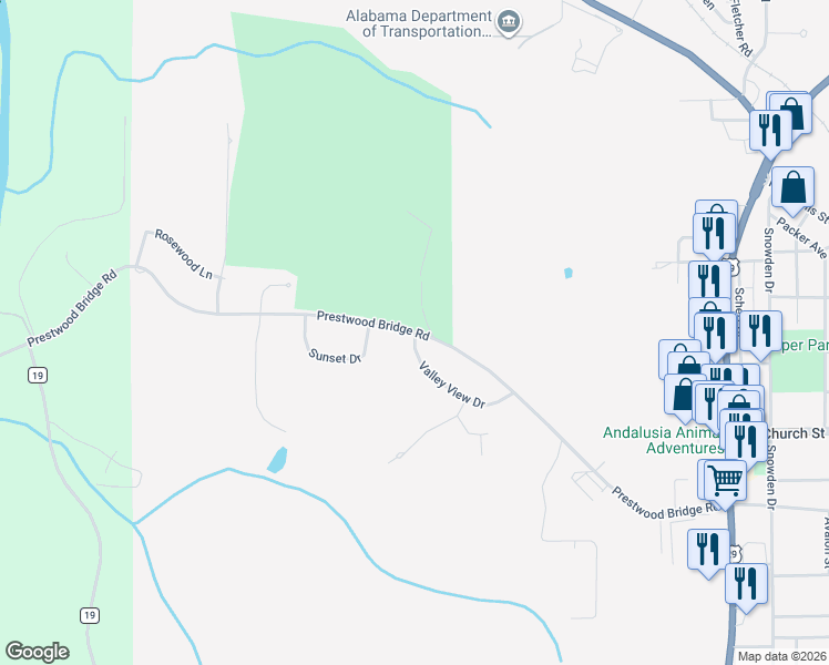 map of restaurants, bars, coffee shops, grocery stores, and more near 1219 Valley View Dr in Andalusia