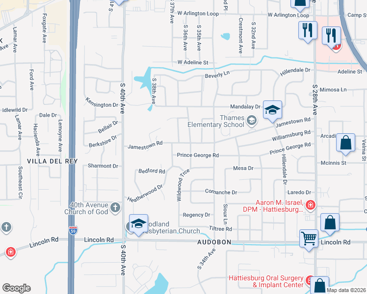 map of restaurants, bars, coffee shops, grocery stores, and more near 3205 Prince George Road in Hattiesburg