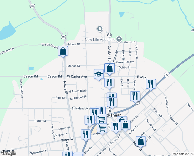 map of restaurants, bars, coffee shops, grocery stores, and more near 217 West Carter Avenue in Blackshear
