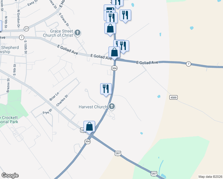 map of restaurants, bars, coffee shops, grocery stores, and more near 1398 Texas 304 Loop in Crockett