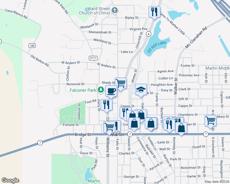 map of restaurants, bars, coffee shops, grocery stores, and more near 613 Ward Street in Marlin