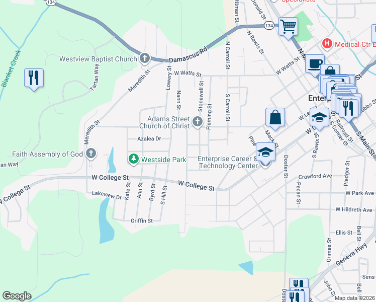 map of restaurants, bars, coffee shops, grocery stores, and more near 301 Warren Road in Enterprise