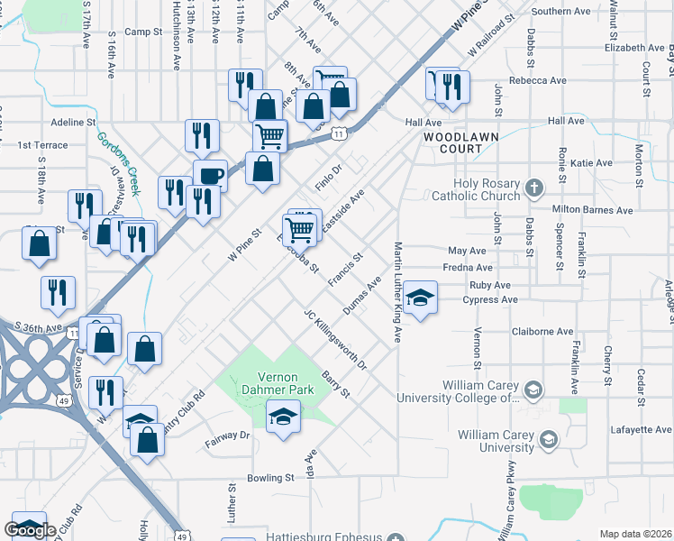 map of restaurants, bars, coffee shops, grocery stores, and more near 515 Francis Street in Hattiesburg
