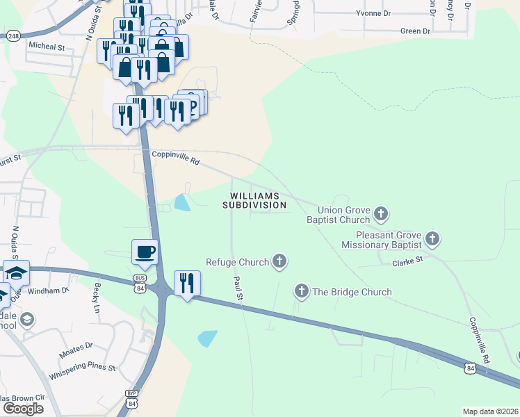 map of restaurants, bars, coffee shops, grocery stores, and more near 104 Sherwin Street in Enterprise