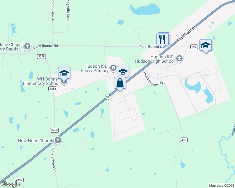 map of restaurants, bars, coffee shops, grocery stores, and more near 6975 Texas 94 in Lufkin
