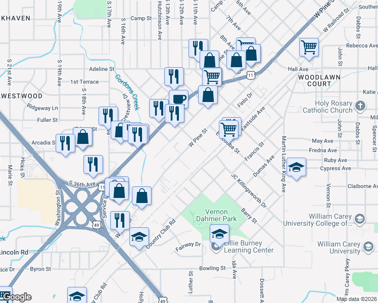 map of restaurants, bars, coffee shops, grocery stores, and more near 1508 West Pine Street in Hattiesburg