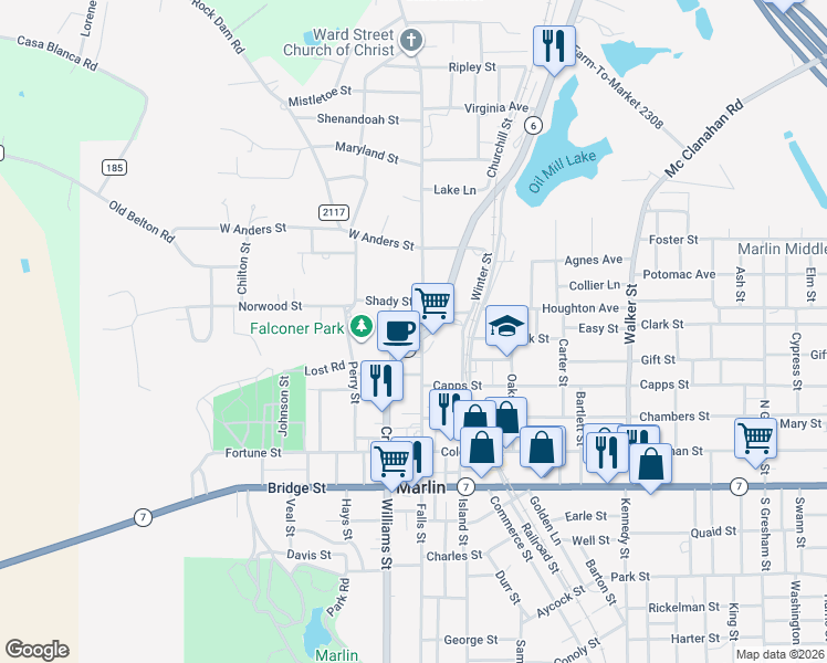map of restaurants, bars, coffee shops, grocery stores, and more near 613 Ward Street in Marlin