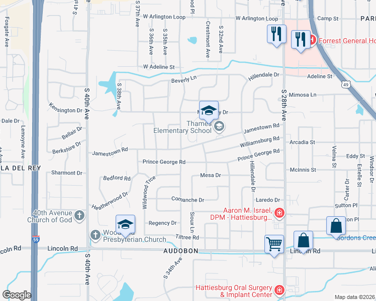 map of restaurants, bars, coffee shops, grocery stores, and more near 802 South 34th Avenue in Hattiesburg