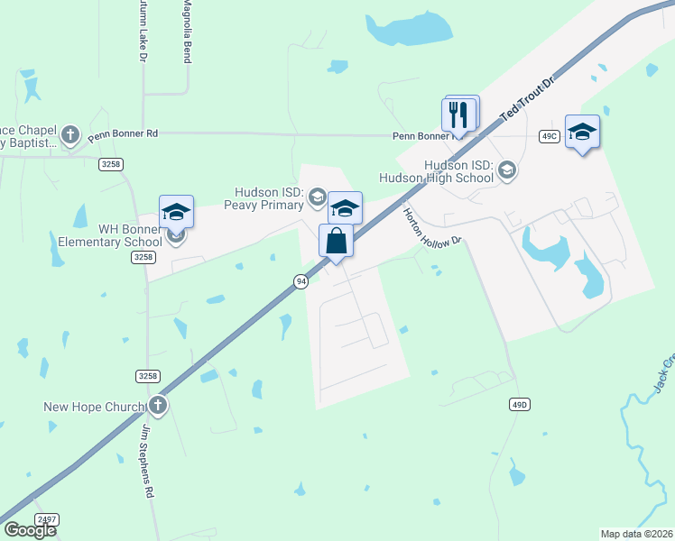 map of restaurants, bars, coffee shops, grocery stores, and more near 6975 Texas 94 in Lufkin